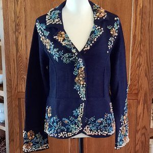Navy Cardigan Sweater with Floral Embroidery